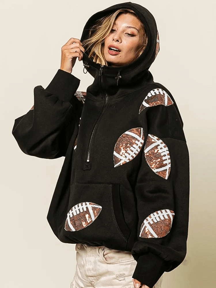 Sporty casual women's hoodie with football sequin design, front pockets, hood, and loose fit; perfect for stylish comfort.